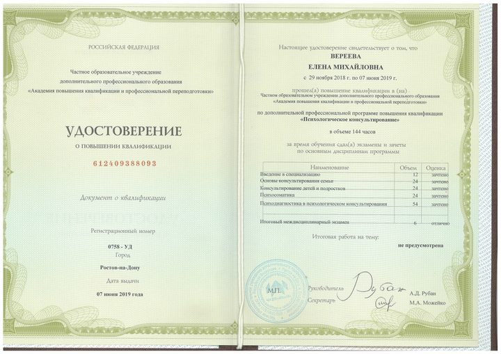 Удостоверение по психологическому консультированию